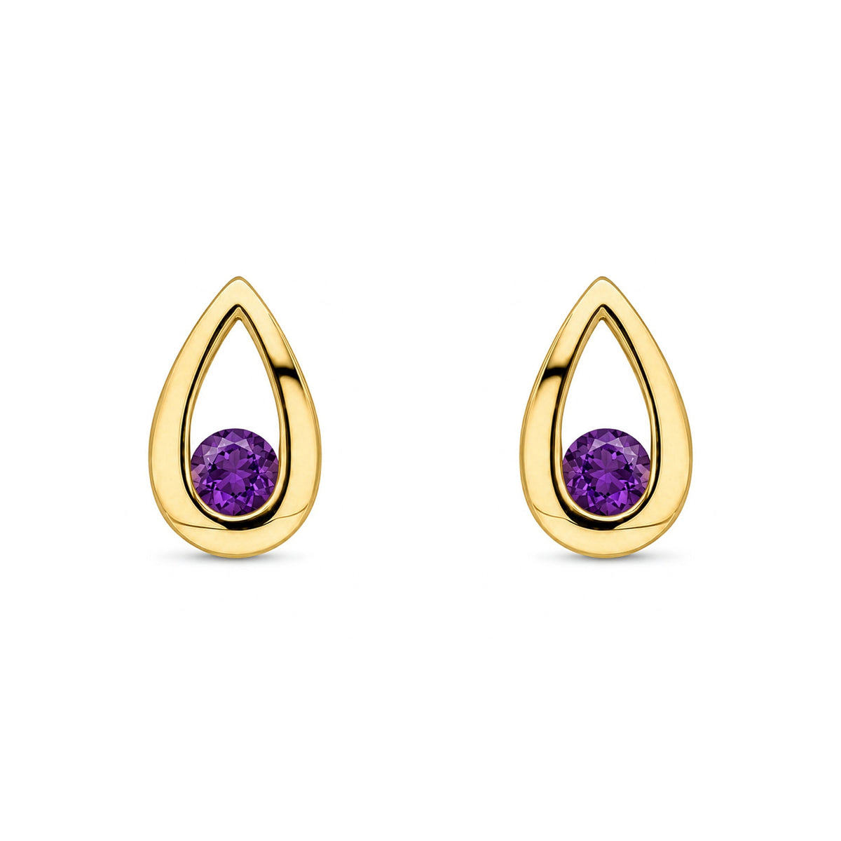 9ct Yellow Gold Round Natural Amethyst Teardrop Stud Earrings