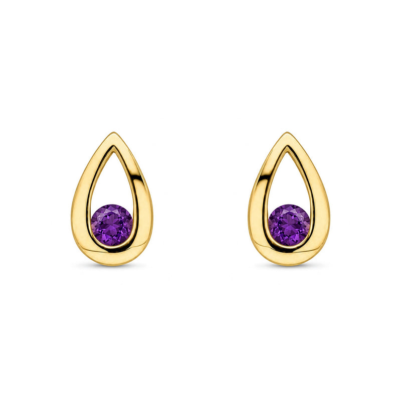 9ct Yellow Gold Round Natural Amethyst Teardrop Stud Earrings
