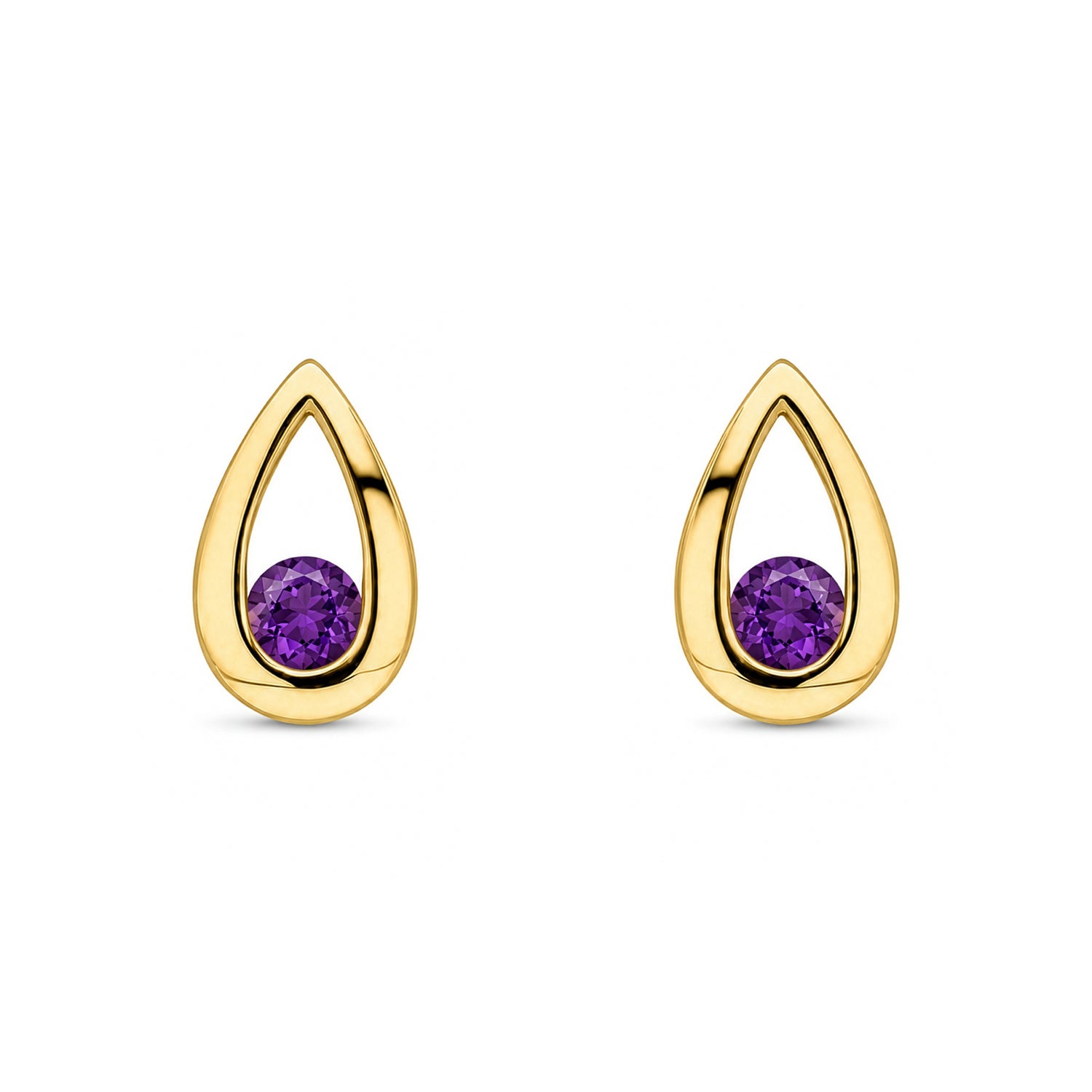9ct Yellow Gold Round Natural Amethyst Teardrop Stud Earrings