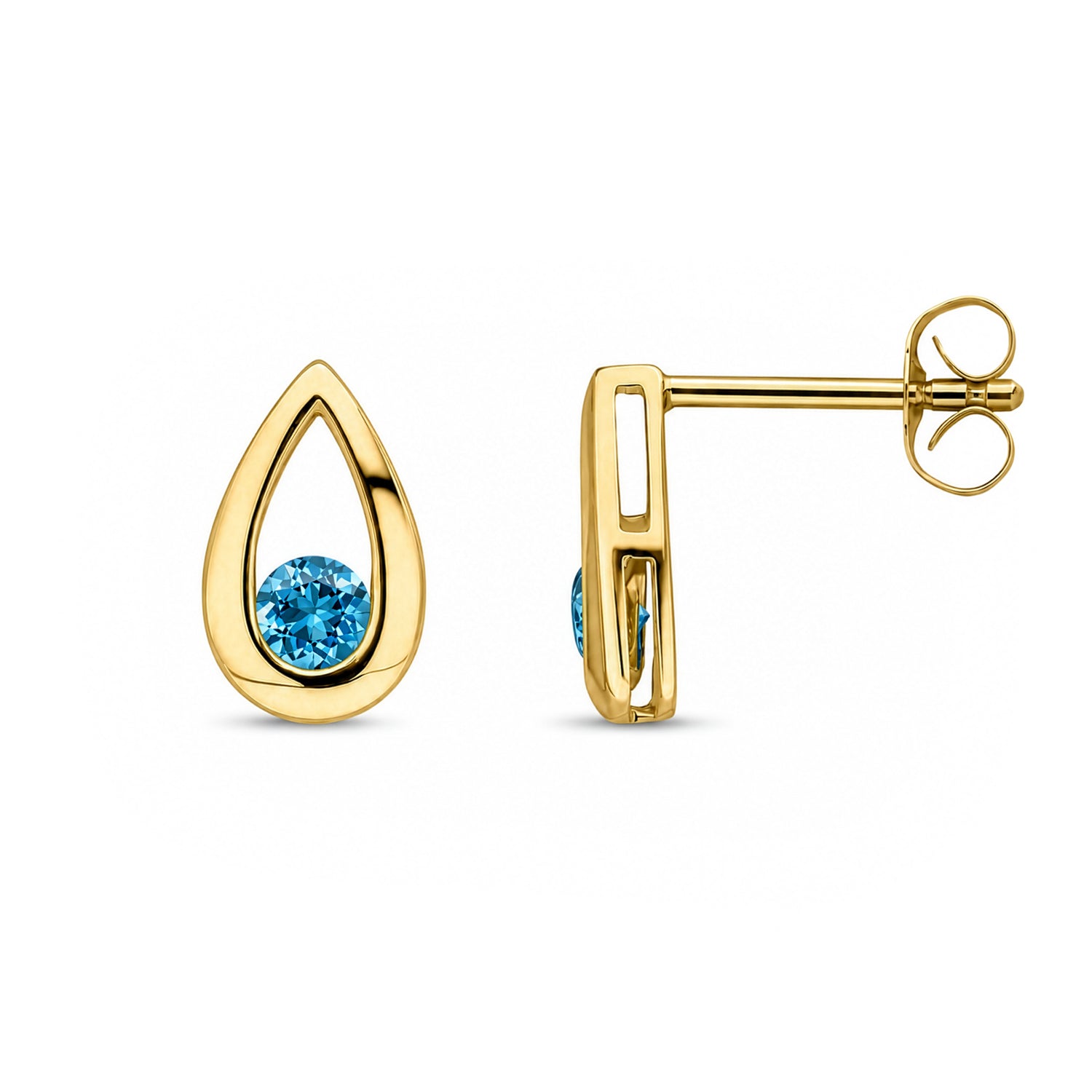 9ct Yellow Gold Round Natural Swiss Blue Topaz Teardrop Stud Earrings