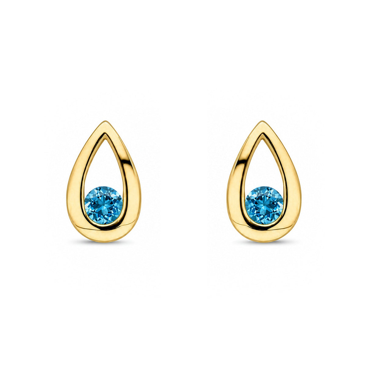 9ct Yellow Gold Round Natural Swiss Blue Topaz Teardrop Stud Earrings