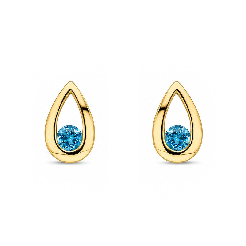 9ct Yellow Gold Round Natural Swiss Blue Topaz Teardrop Stud Earrings