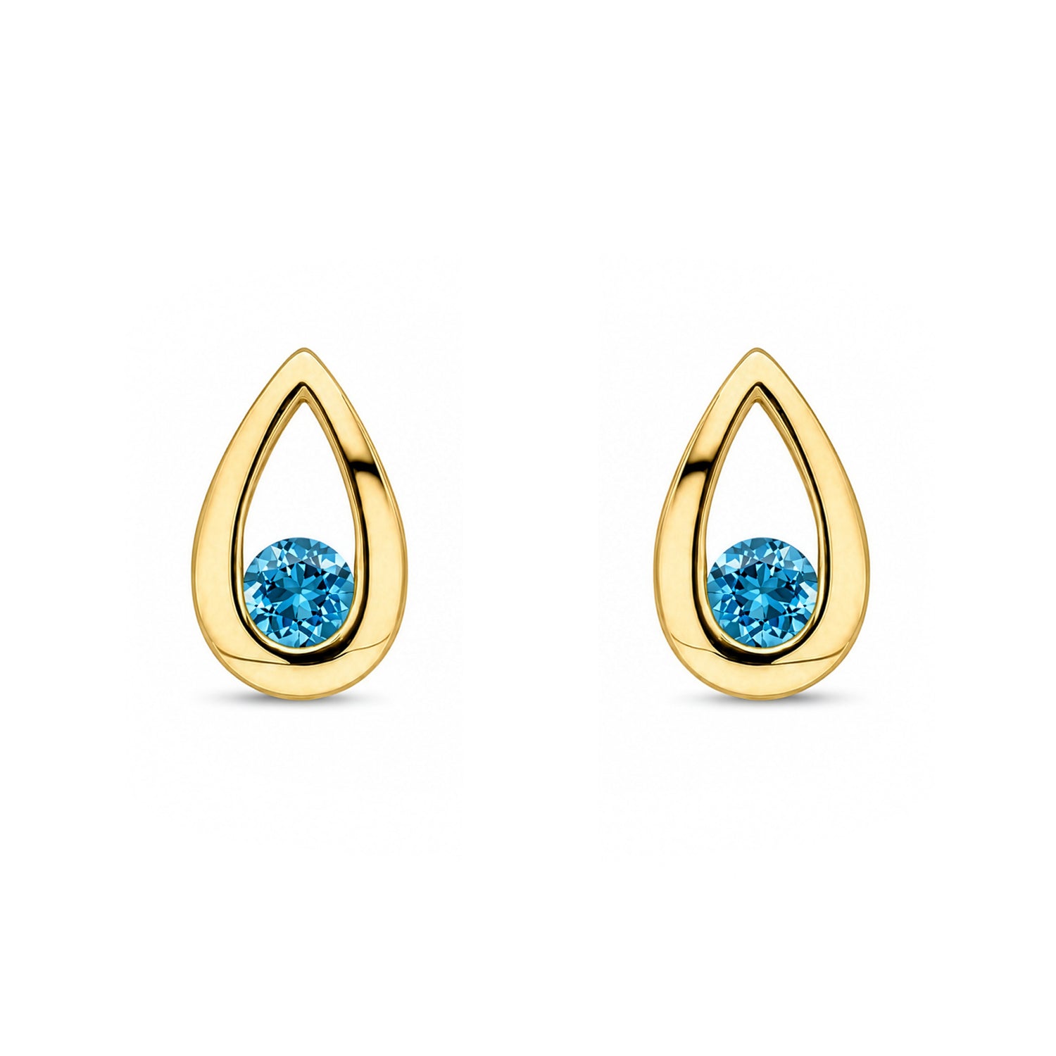 9ct Yellow Gold Round Natural Swiss Blue Topaz Teardrop Stud Earrings