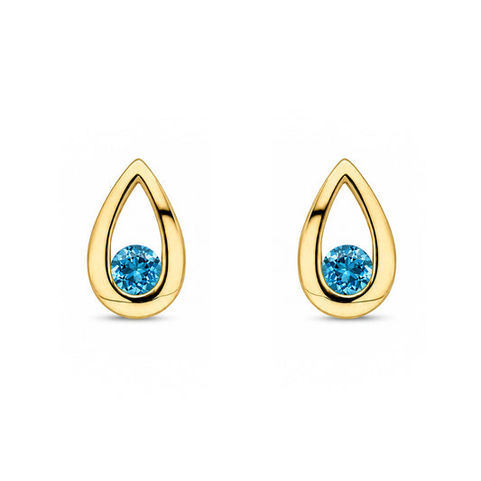 9ct Yellow Gold Round Natural Swiss Blue Topaz Teardrop Stud Earrings