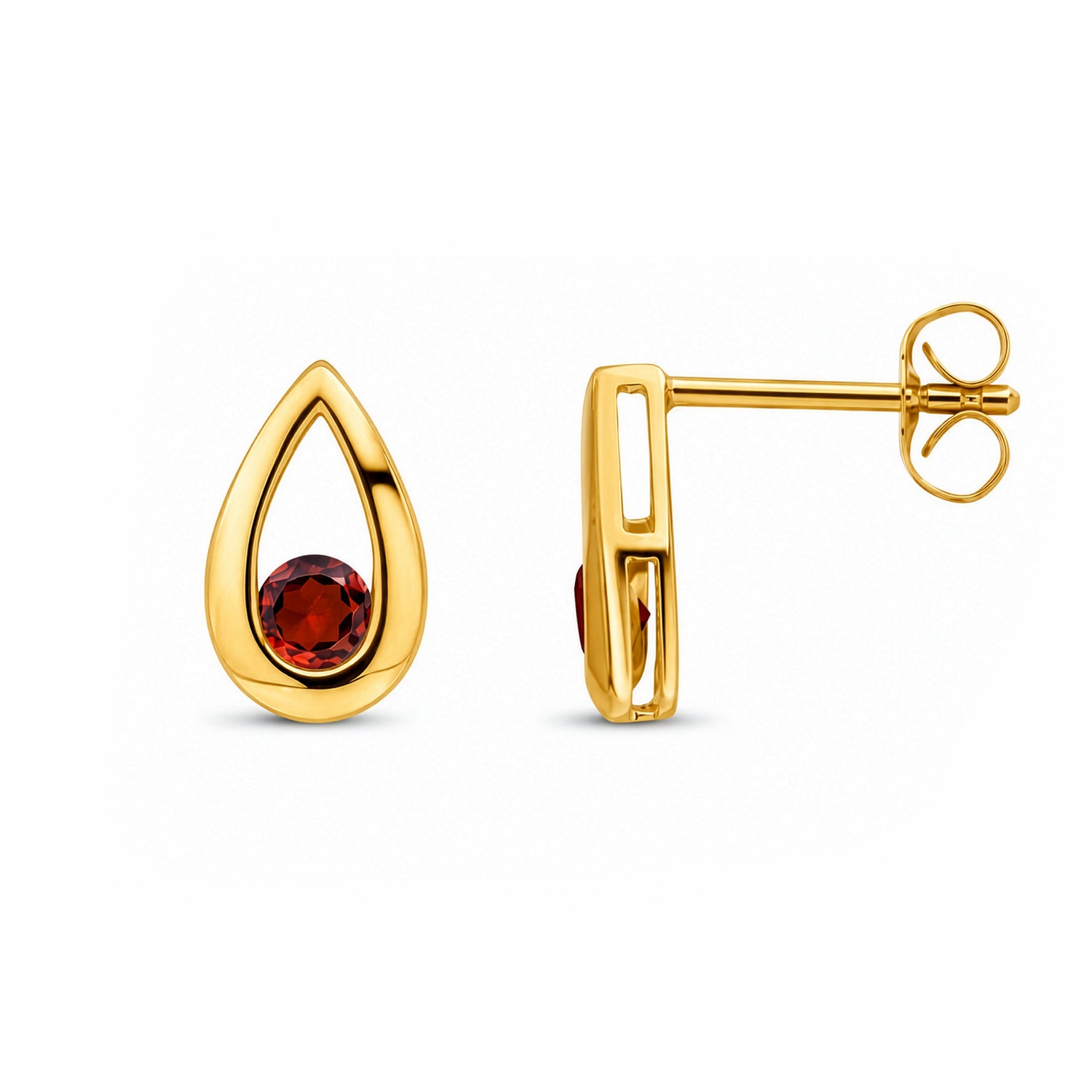 9ct Yellow Gold Round Natural Garnet Teardrop Stud Earrings