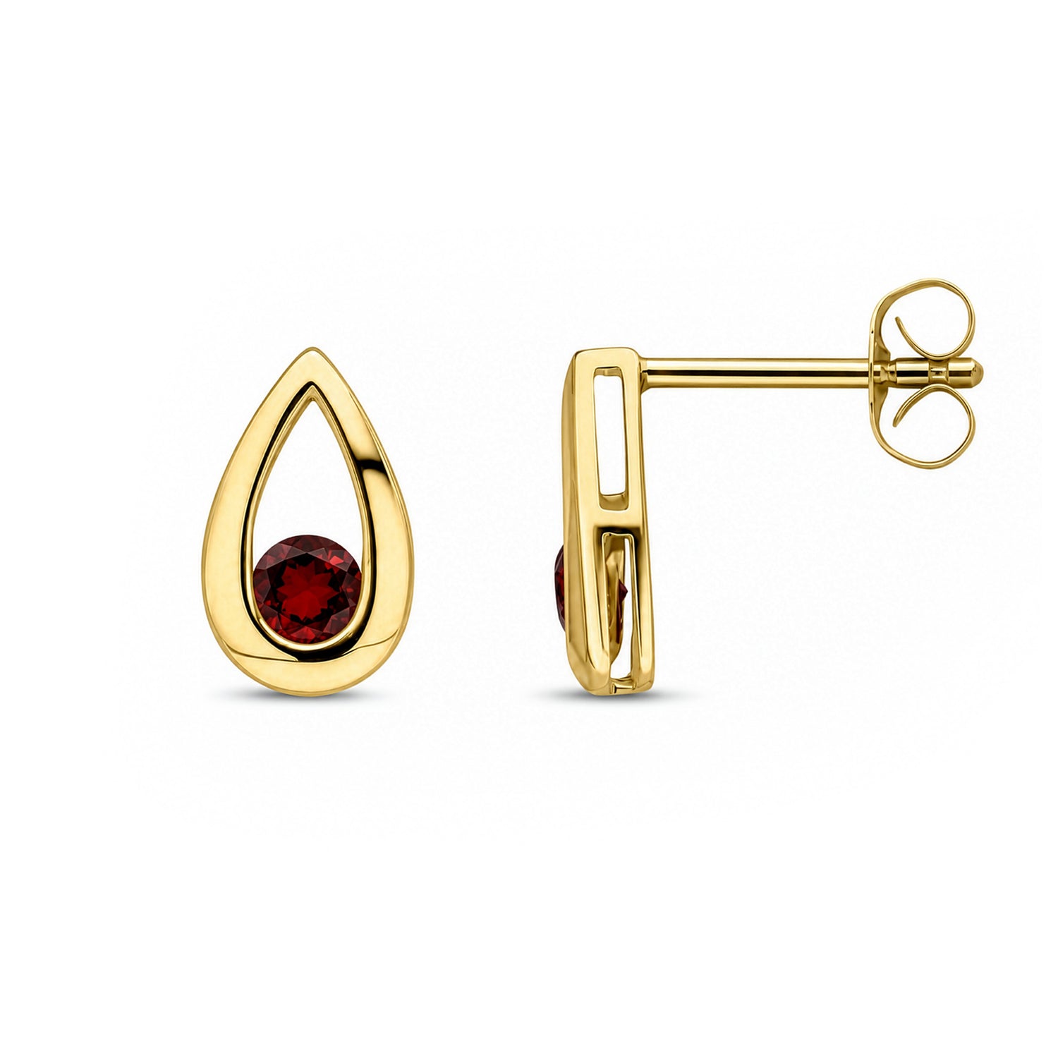 9ct Yellow Gold Round Natural Garnet Teardrop Stud Earrings