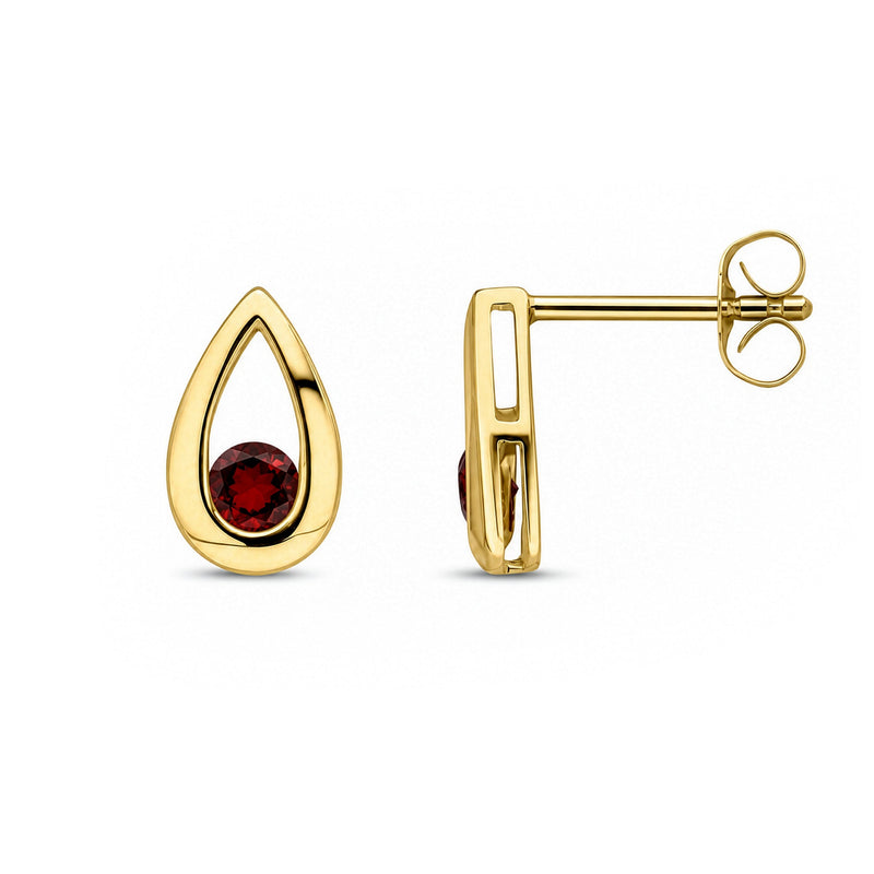 9ct Yellow Gold Round Natural Garnet Teardrop Stud Earrings