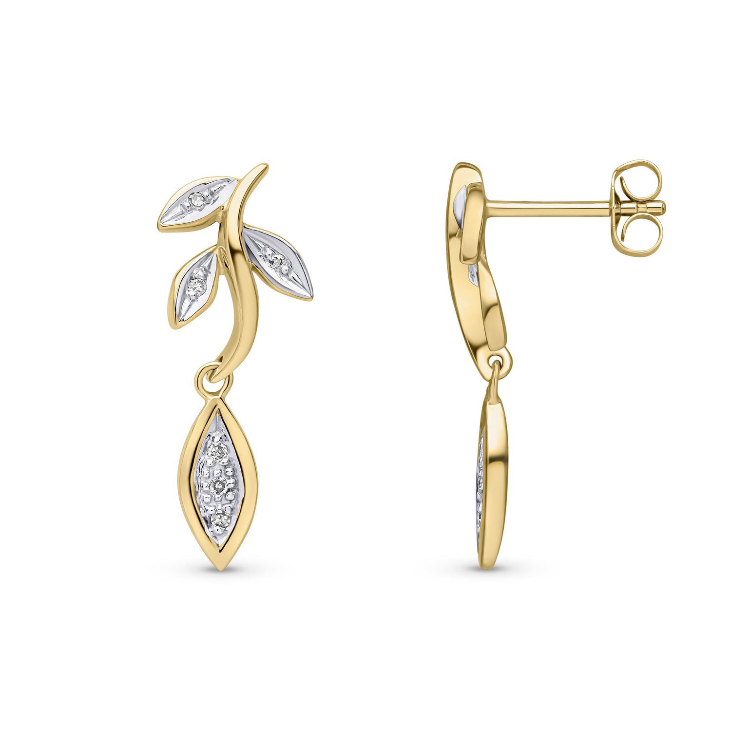 9ct Yellow Gold Natural Diamond Leaf Drop Earrings