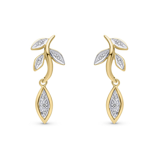 9ct Yellow Gold Natural Diamond Leaf Drop Earrings — 21mm