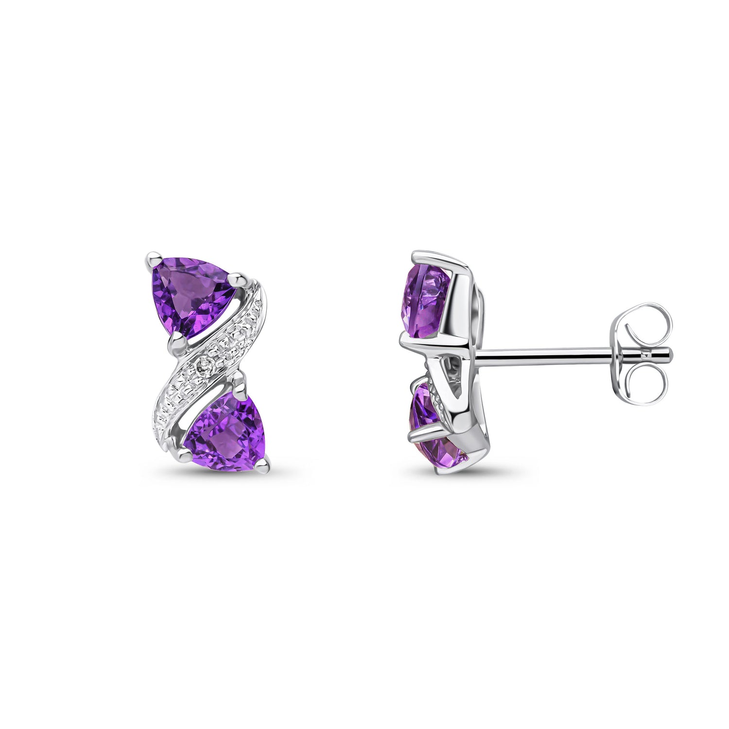 9ct White Gold Triangle Natural Amethyst and Diamond Crossover Stud Earrings
