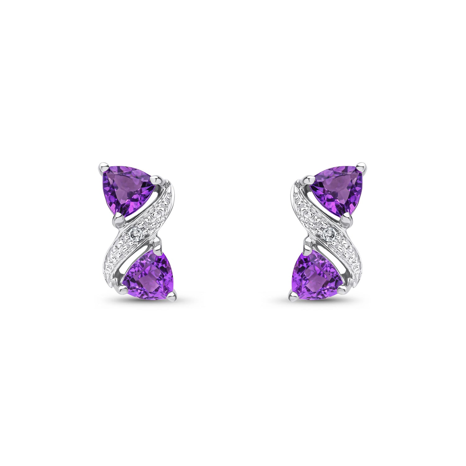 9ct White Gold Triangle Natural Amethyst and Diamond Crossover Stud Earrings