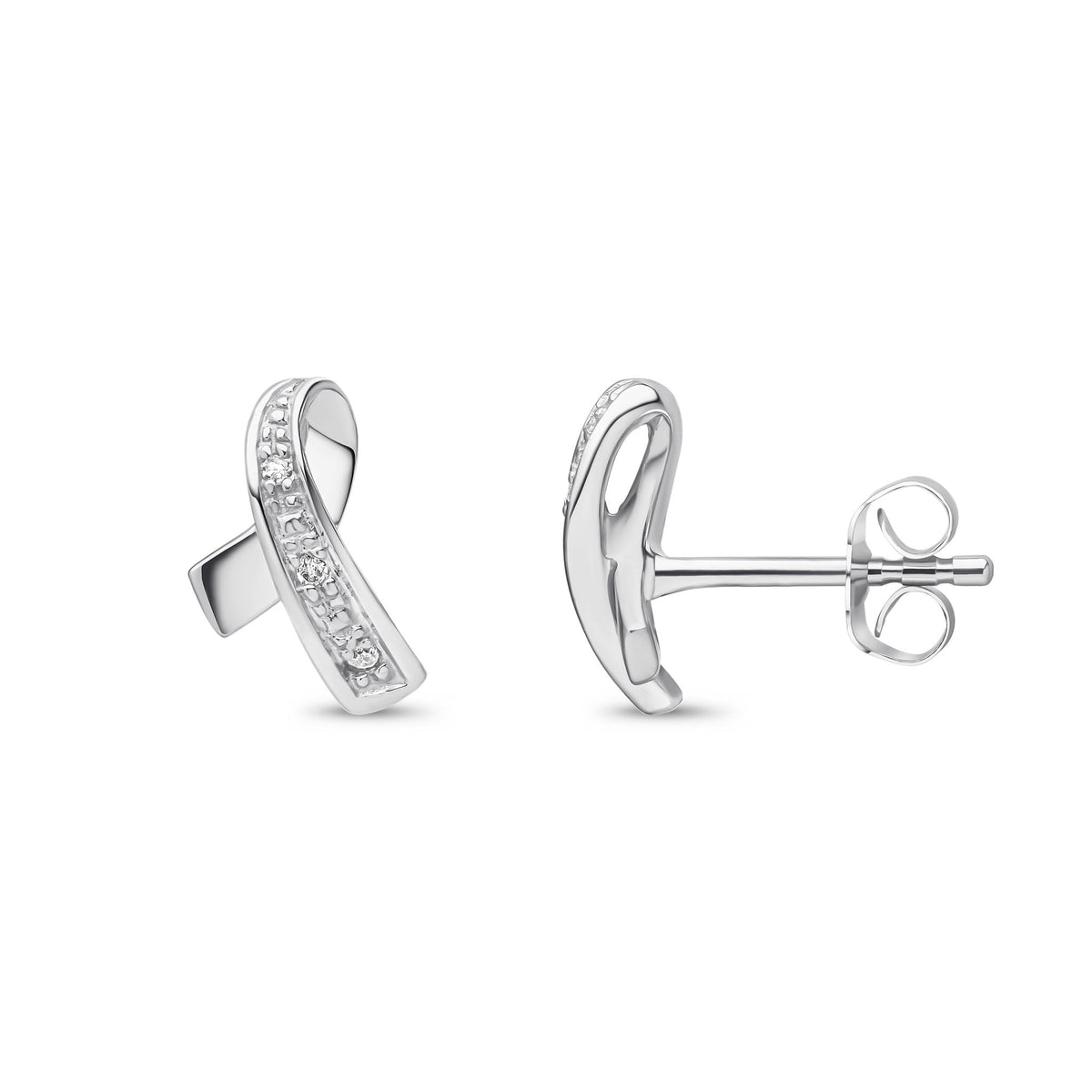 9ct White Gold Natural Diamond Ribbon Stud Earrings — 10mm