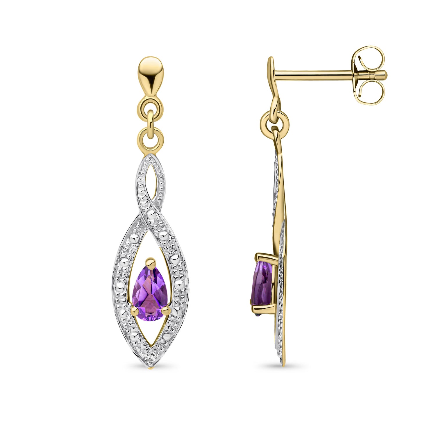 9ct Yellow Gold Natural Pear Shaped Amethyst and Round Diamond Teardrop Earrings