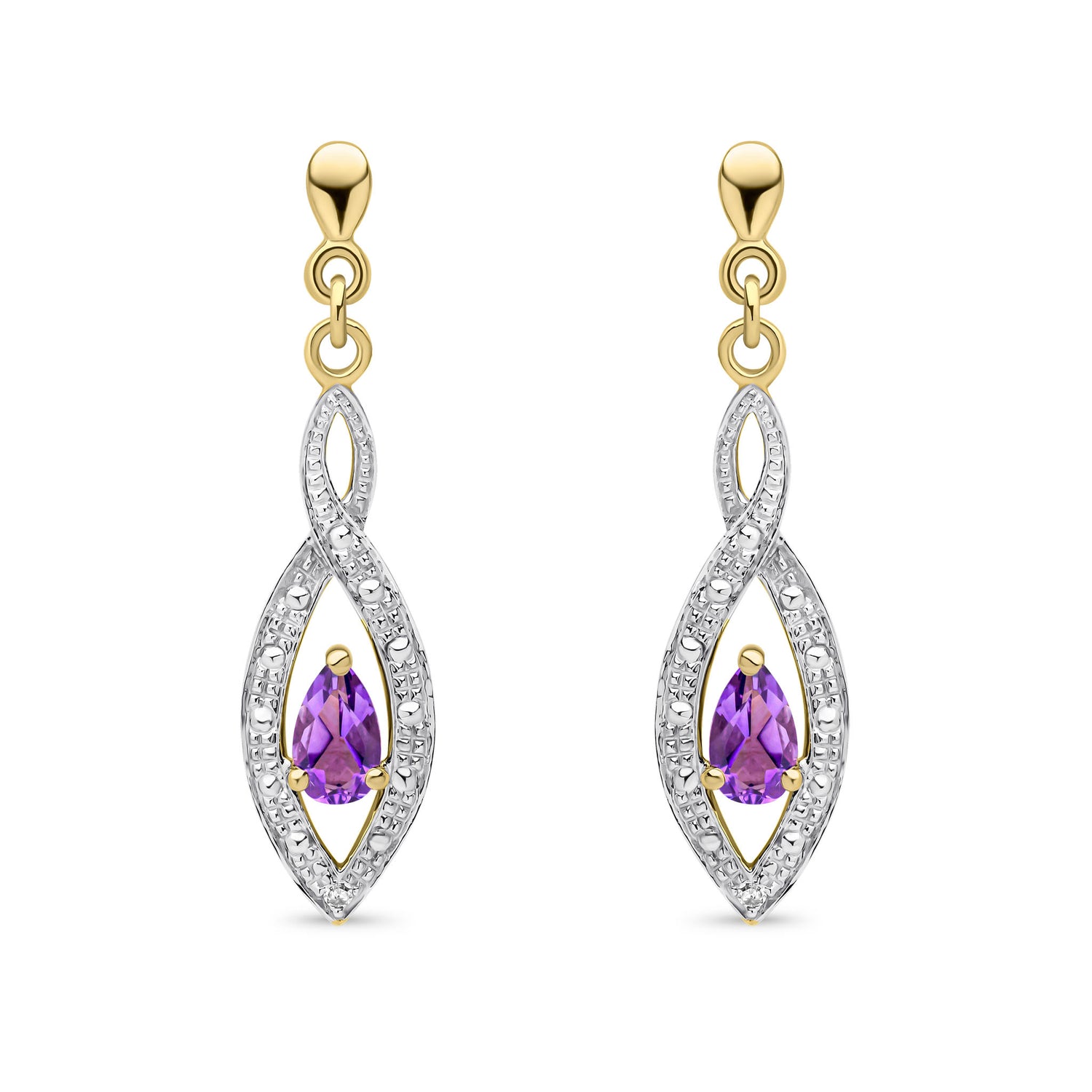 9ct Yellow Gold Natural Pear Shaped Amethyst and Round Diamond Teardrop Earrings