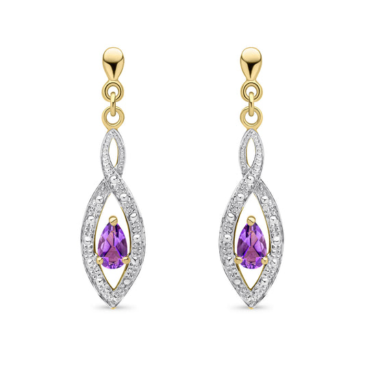 9ct Yellow Gold Natural Pear Shaped Amethyst and Round Diamond Teardrop Earrings