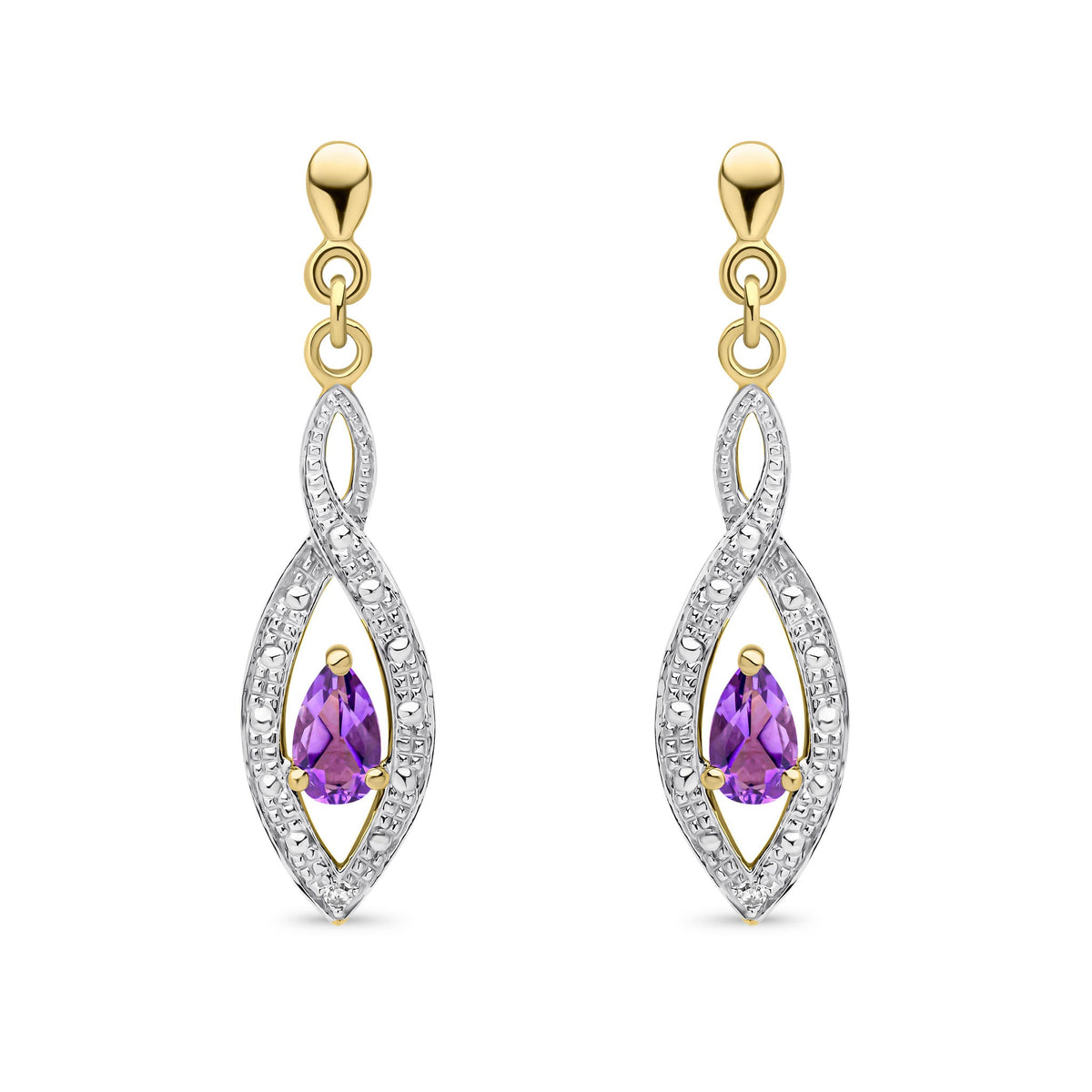 9ct Yellow Gold Pear Shaped Natural Amethyst & Diamond Teardrop Earrings — 5x3mm