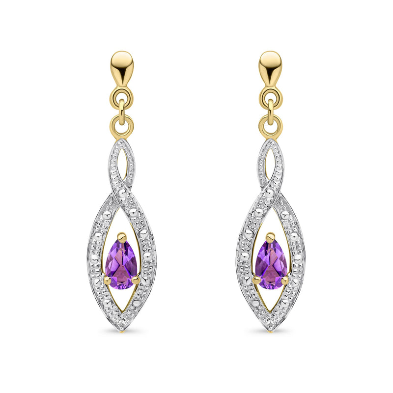9ct Yellow Gold Pear Shaped Natural Amethyst & Diamond Teardrop Earrings — 5x3mm
