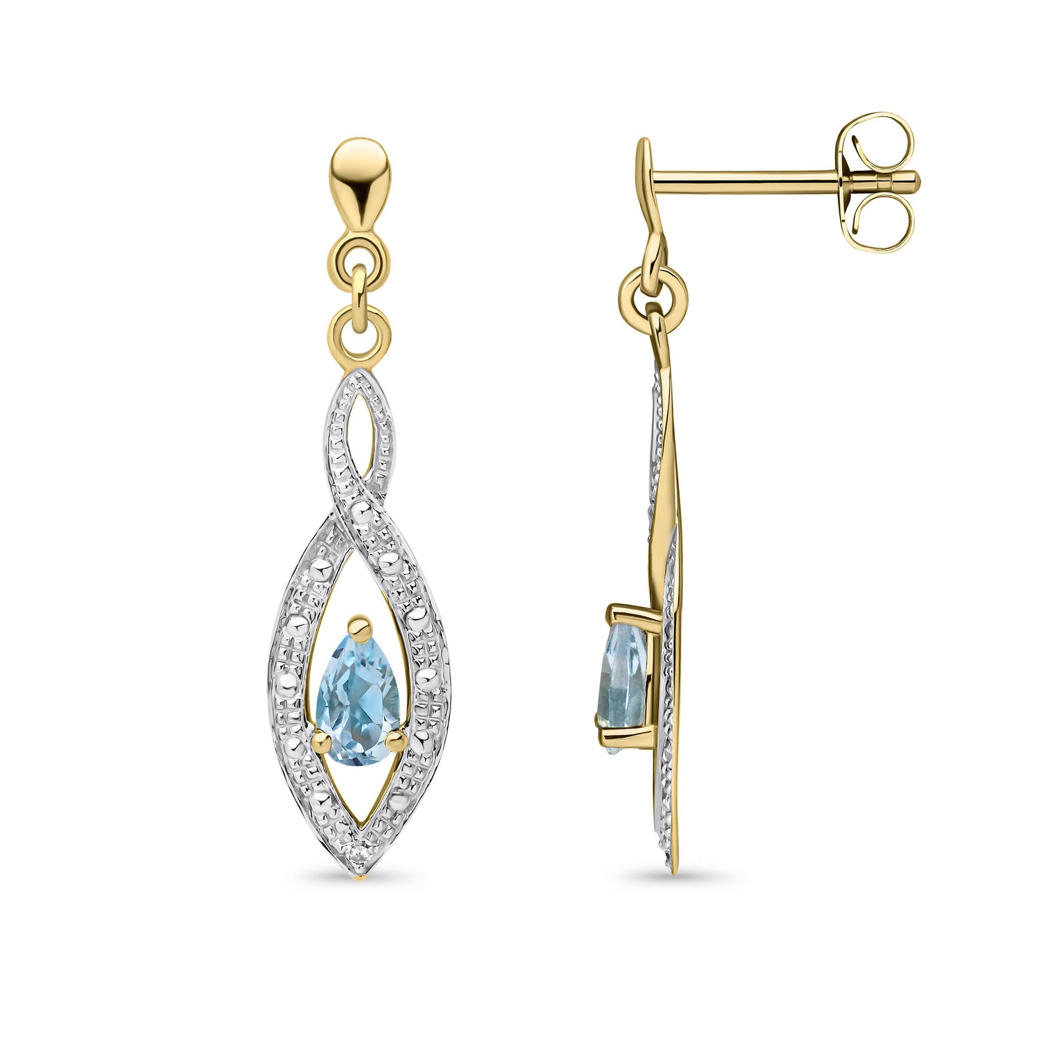 9ct Yellow Gold Natural Pear Shaped Swiss Blue Topaz and Round Diamond Teardrop Earrings