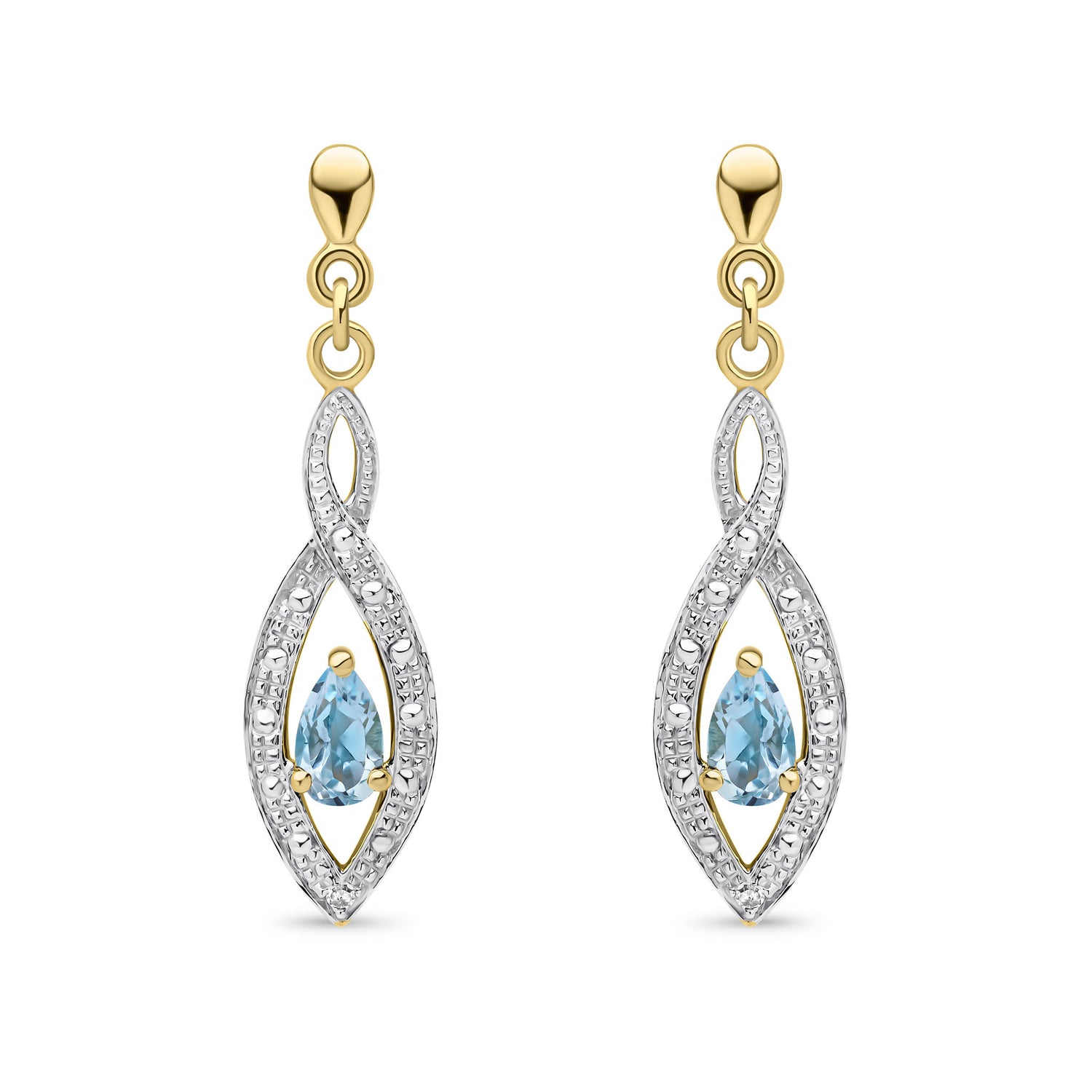 9ct Yellow Gold Natural Pear Shaped Swiss Blue Topaz and Round Diamond Teardrop Earrings