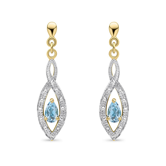 9ct Yellow Gold Natural Pear Shaped Swiss Blue Topaz and Round Diamond Teardrop Earrings