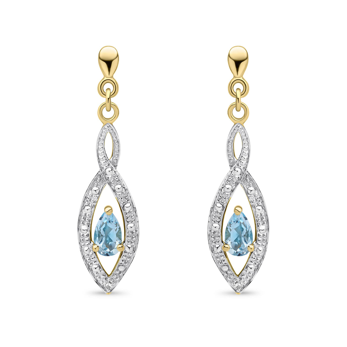 9ct Yellow Gold Pear Shaped Natural Swiss Blue Topaz & Diamond Teardrop Earrings — 5x3mm