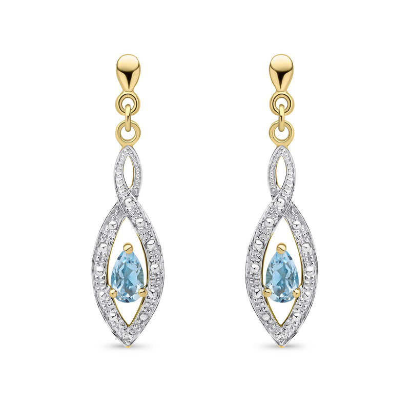 9ct Yellow Gold Pear Shaped Natural Swiss Blue Topaz & Diamond Teardrop Earrings — 5x3mm