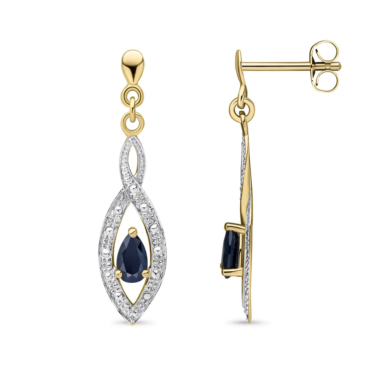 9ct Yellow Gold Natural Pear Shaped Blue Sapphire and Round Diamond Teardrop Earrings