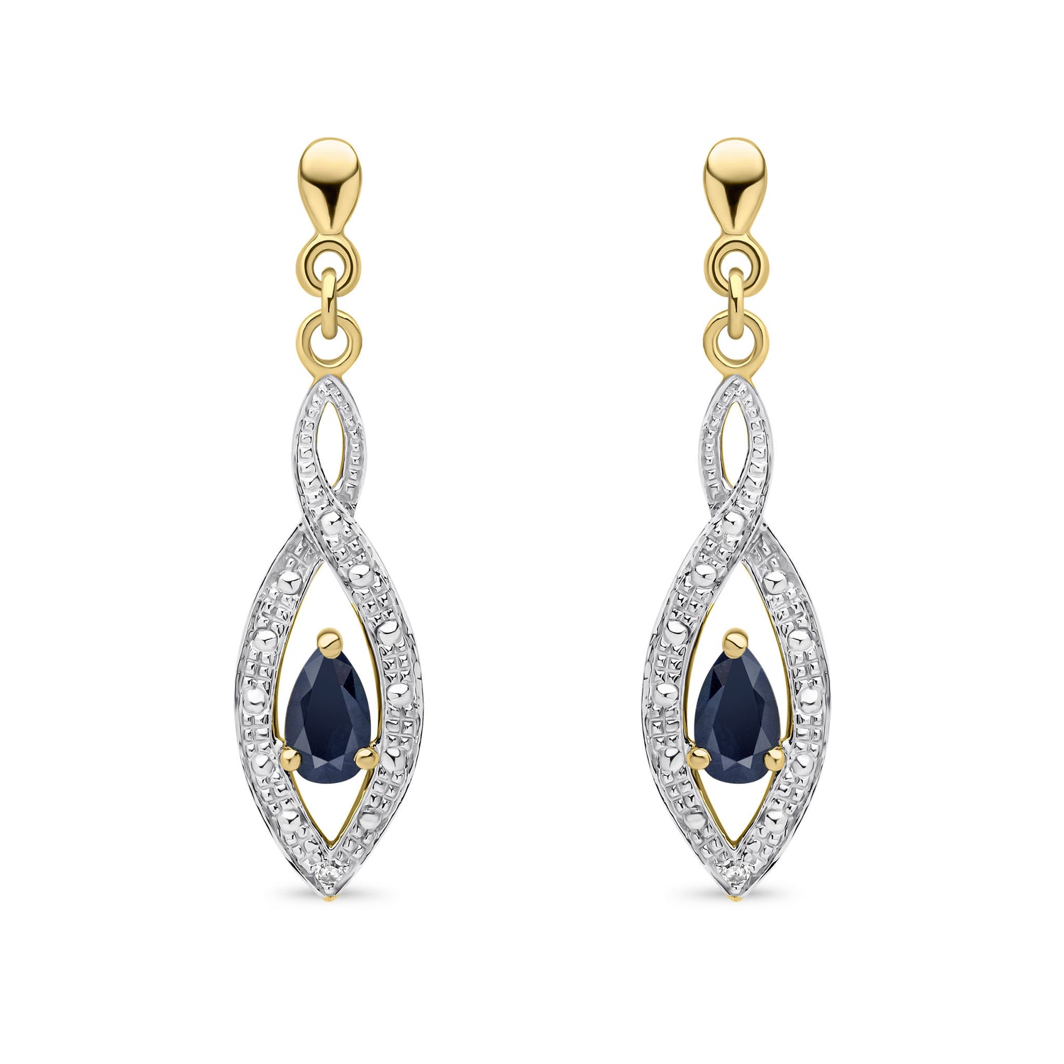 9ct Yellow Gold Natural Pear Shaped Blue Sapphire and Round Diamond Teardrop Earrings