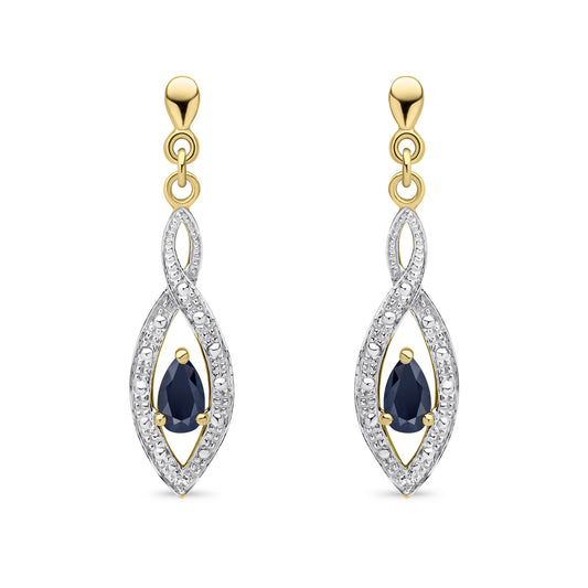 9ct Yellow Gold Natural Pear Shaped Blue Sapphire and Round Diamond Teardrop Earrings