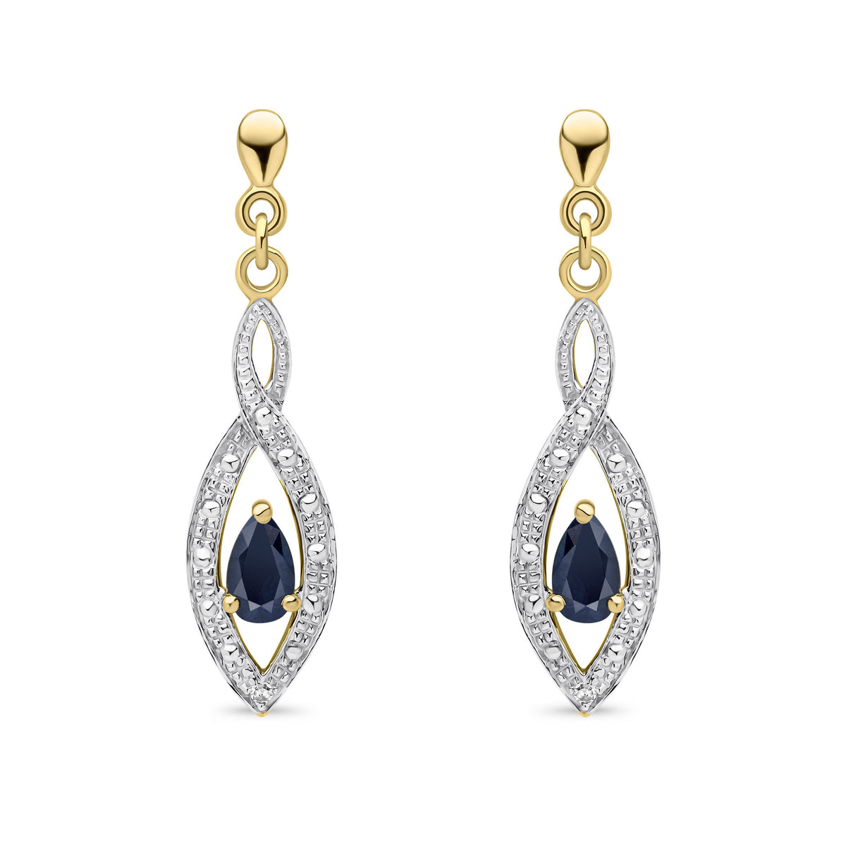 9ct Yellow Gold Pear Shaped Natural Sapphire & Diamond Teardrop Earrings — 5x3mm
