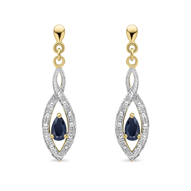 9ct Yellow Gold Pear Shaped Natural Sapphire & Diamond Teardrop Earrings — 5x3mm