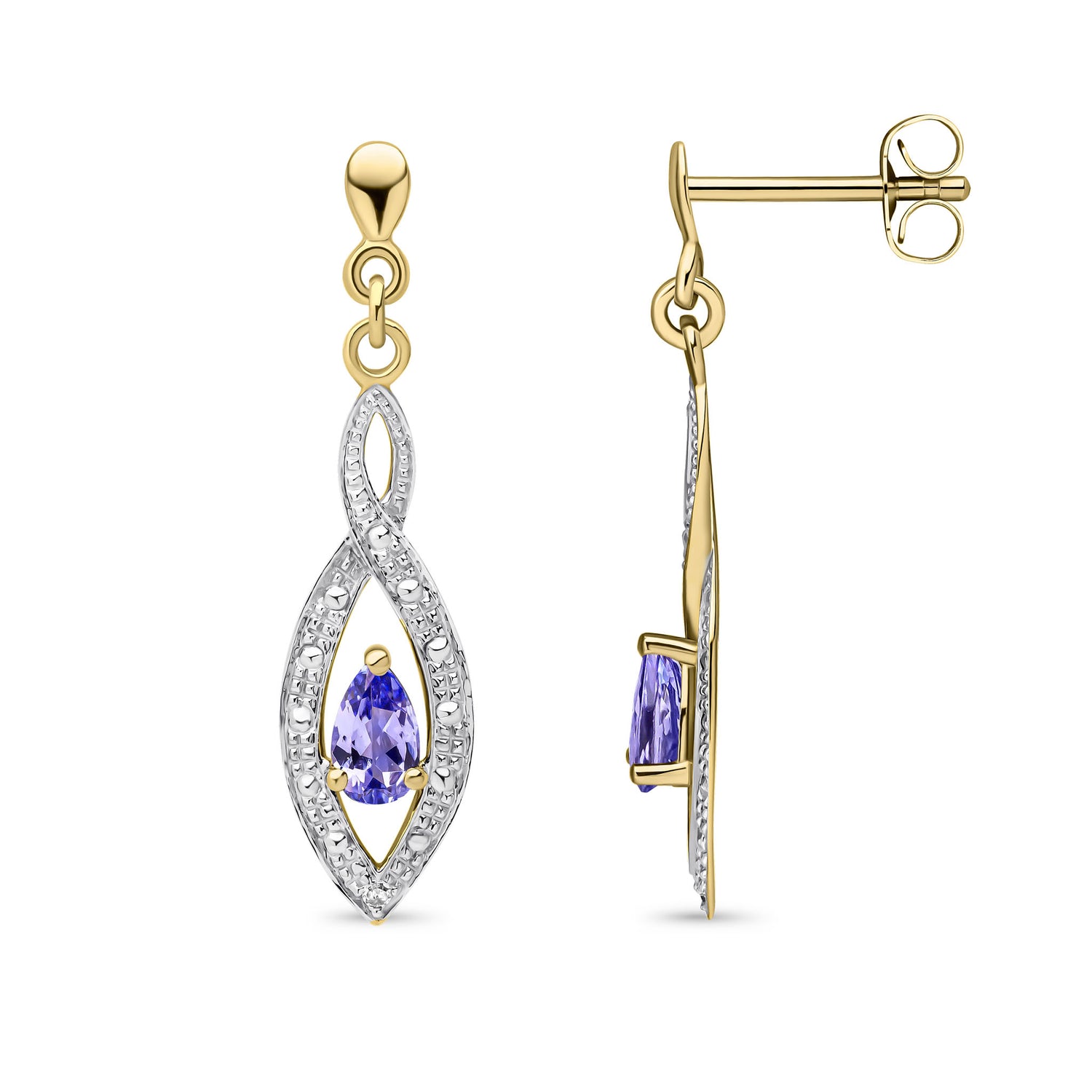 9ct Yellow Gold Natural Pear Shaped Tanzanite and Round Diamond Teardrop Earrings