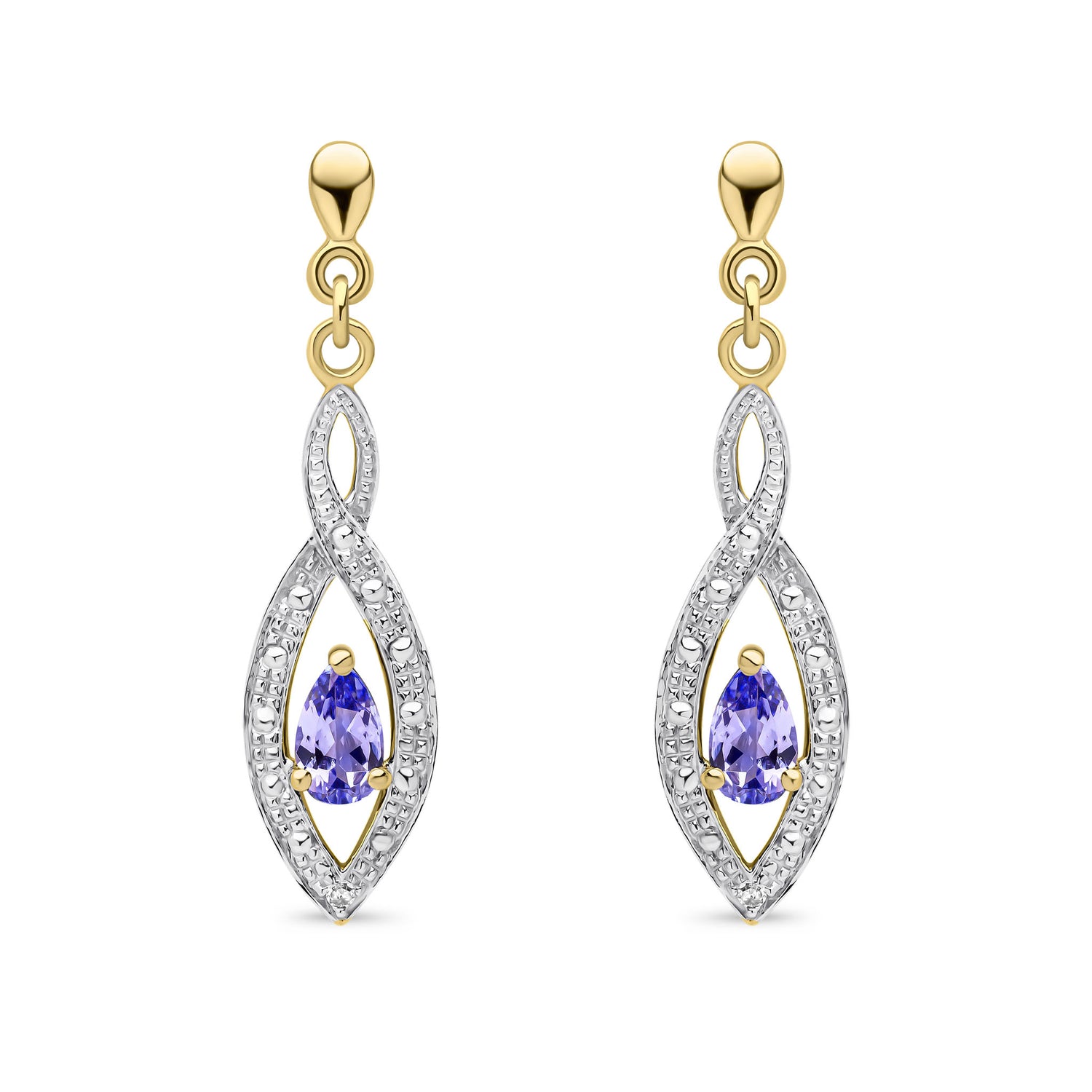 9ct Yellow Gold Natural Pear Shaped Tanzanite and Round Diamond Teardrop Earrings