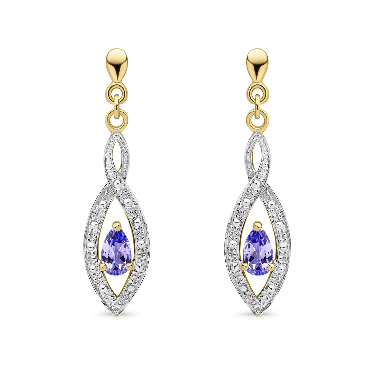 9ct Yellow Gold Pear Shaped Natural Tanzanite & Diamond Teardrop Earrings — 5x3mm
