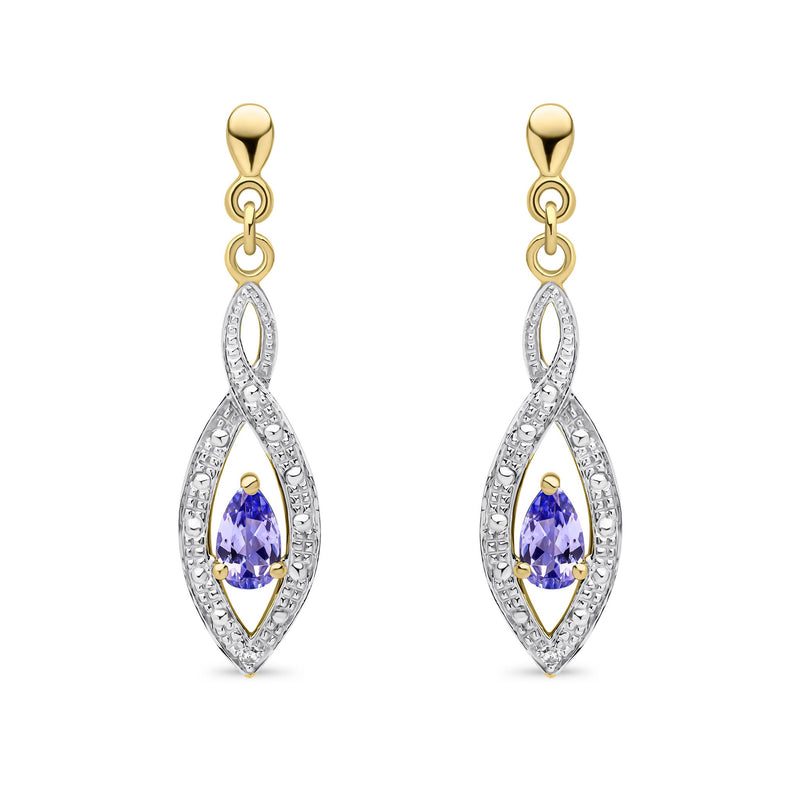 9ct Yellow Gold Pear Shaped Natural Tanzanite & Diamond Teardrop Earrings — 5x3mm
