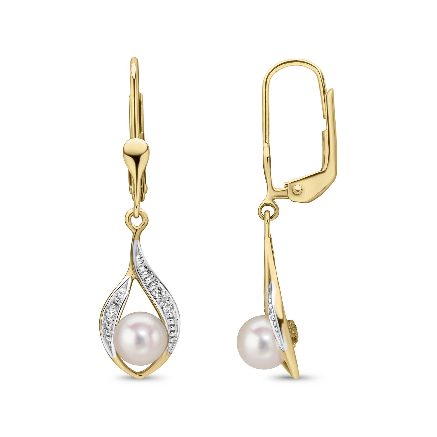 9ct Yellow Gold Freshwater Pearl and Natural Round Diamond Teardrop Drop Earrings