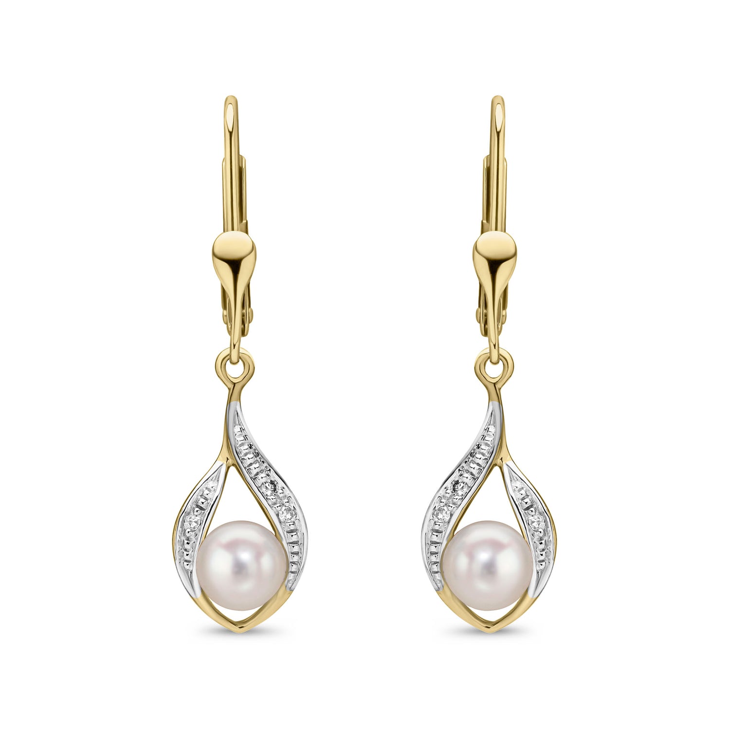 9ct Yellow Gold Freshwater Pearl and Natural Round Diamond Teardrop Drop Earrings