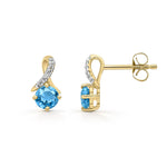 9ct Yellow Gold Round Natural Swiss Blue Topaz & Diamond Crossover Stud Earrings