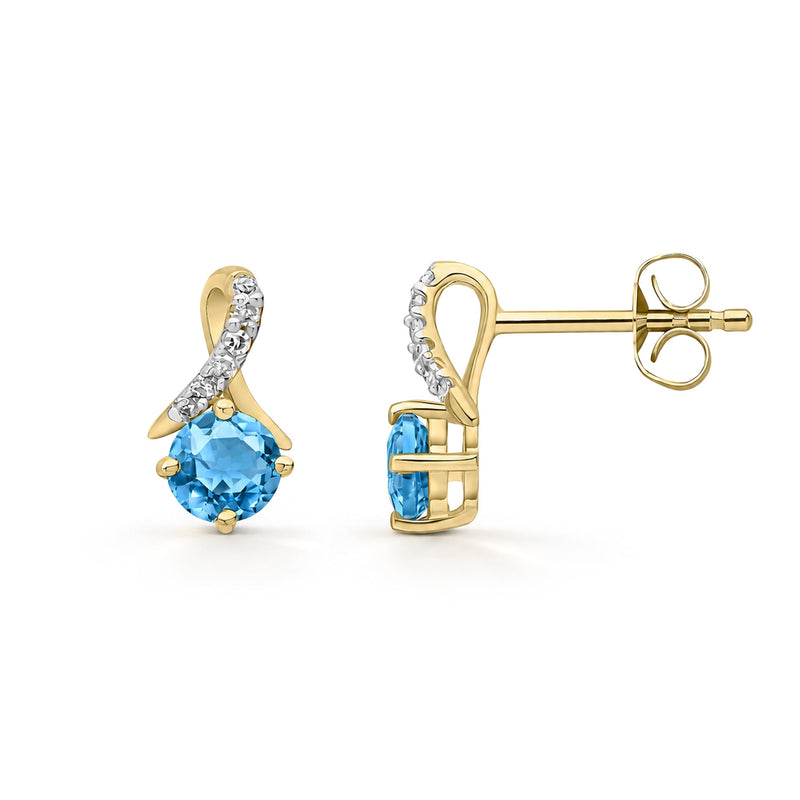 9ct Yellow Gold Round Natural Swiss Blue Topaz & Diamond Crossover Stud Earrings