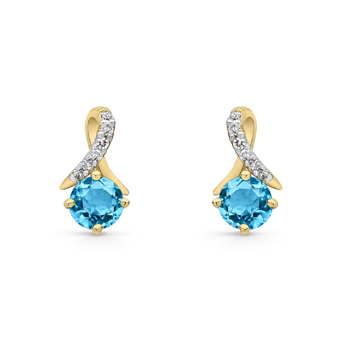 9ct Yellow Gold Round Natural Swiss Blue Topaz & Diamond Crossover Stud Earrings