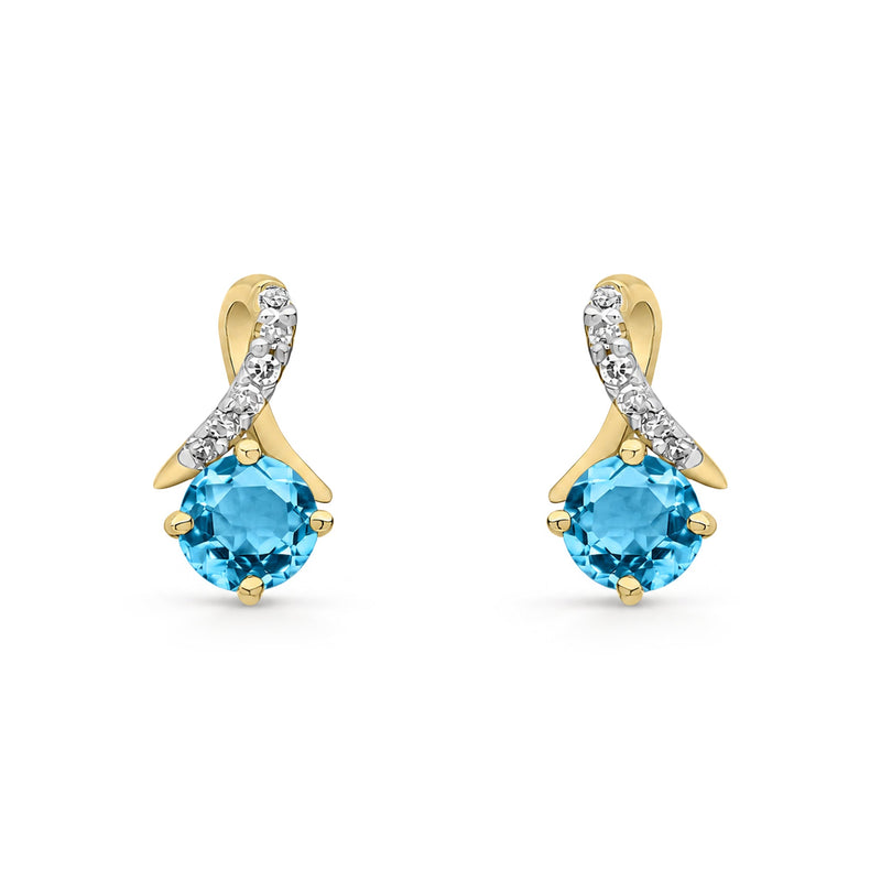 9ct Yellow Gold Round Natural Swiss Blue Topaz & Diamond Crossover Stud Earrings