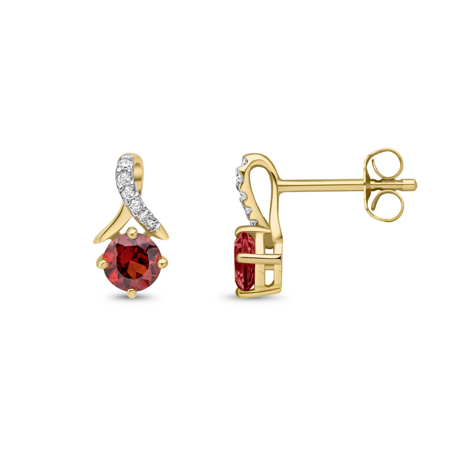 9ct Yellow Gold Natural Round Garnet and Round Diamond Crossover Stud Earrings