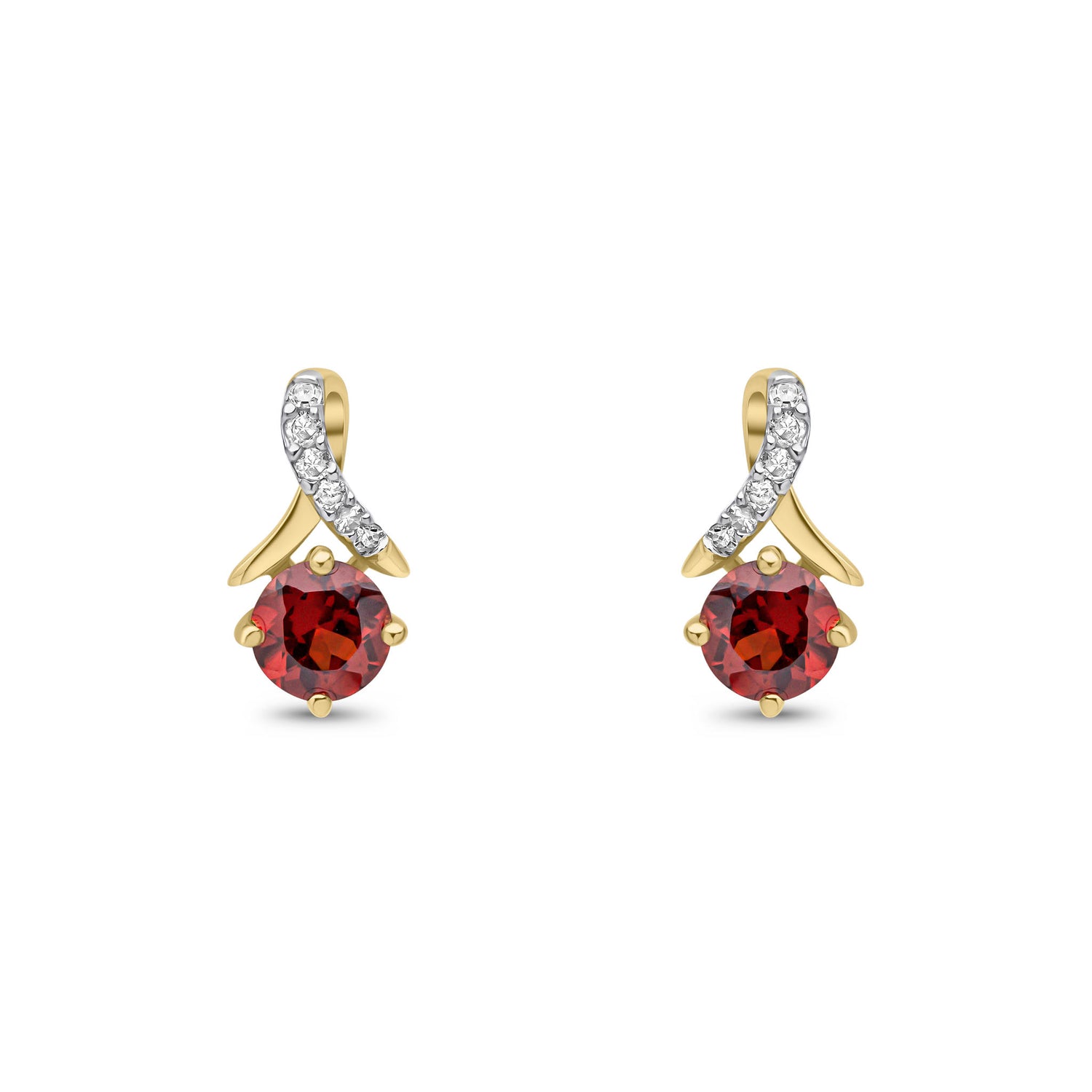 9ct Yellow Gold Natural Round Garnet and Round Diamond Crossover Stud Earrings
