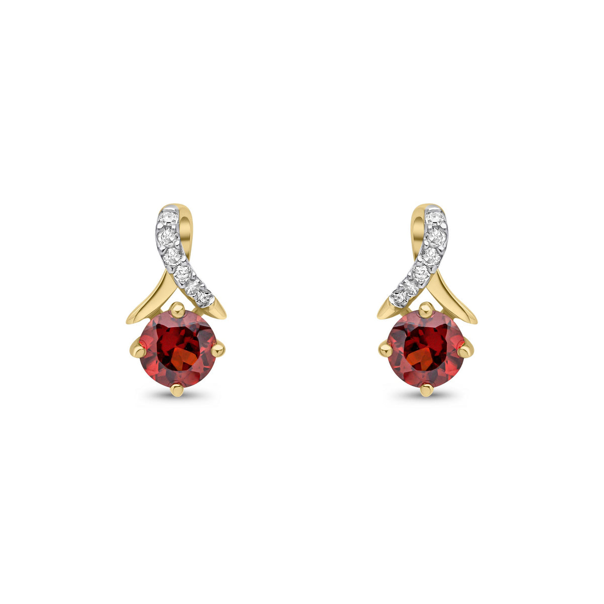 9ct Yellow Gold Round Natural Garnet & Diamond Crossover Stud Earrings