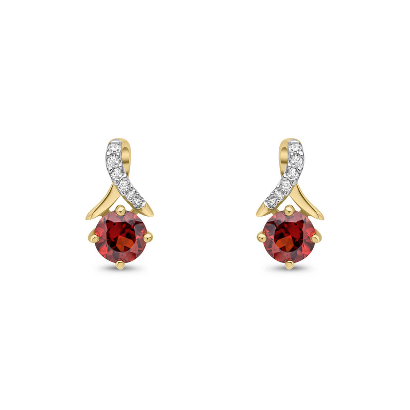 9ct Yellow Gold Round Natural Garnet & Diamond Crossover Stud Earrings