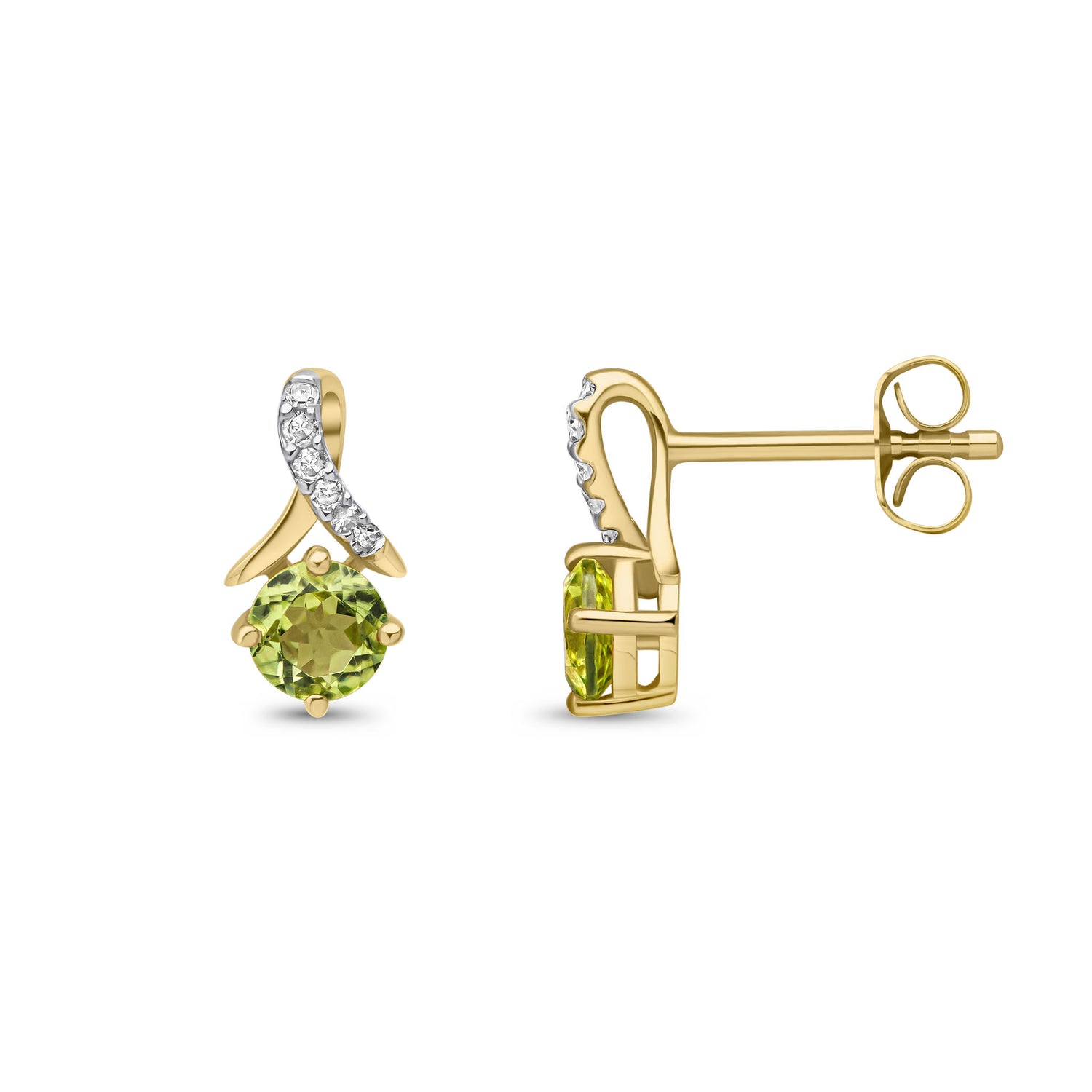 9ct Yellow Gold Natural Round Peridot and Round Diamond Crossover Stud Earrings