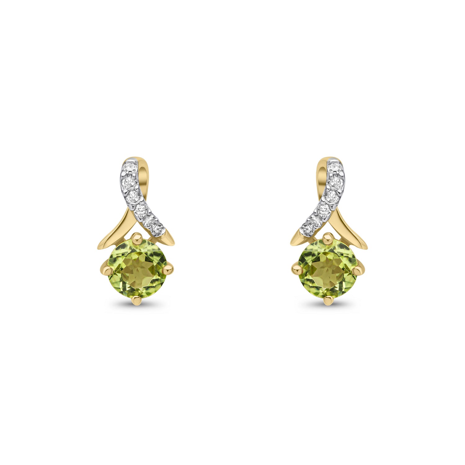 9ct Yellow Gold Natural Round Peridot and Round Diamond Crossover Stud Earrings