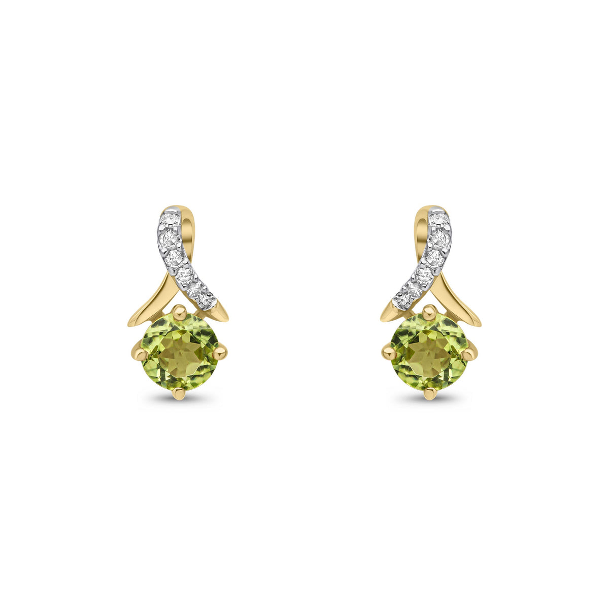 9ct Yellow Gold Round Natural Peridot & Diamond Crossover Stud Earrings