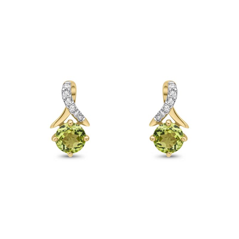 9ct Yellow Gold Round Natural Peridot & Diamond Crossover Stud Earrings