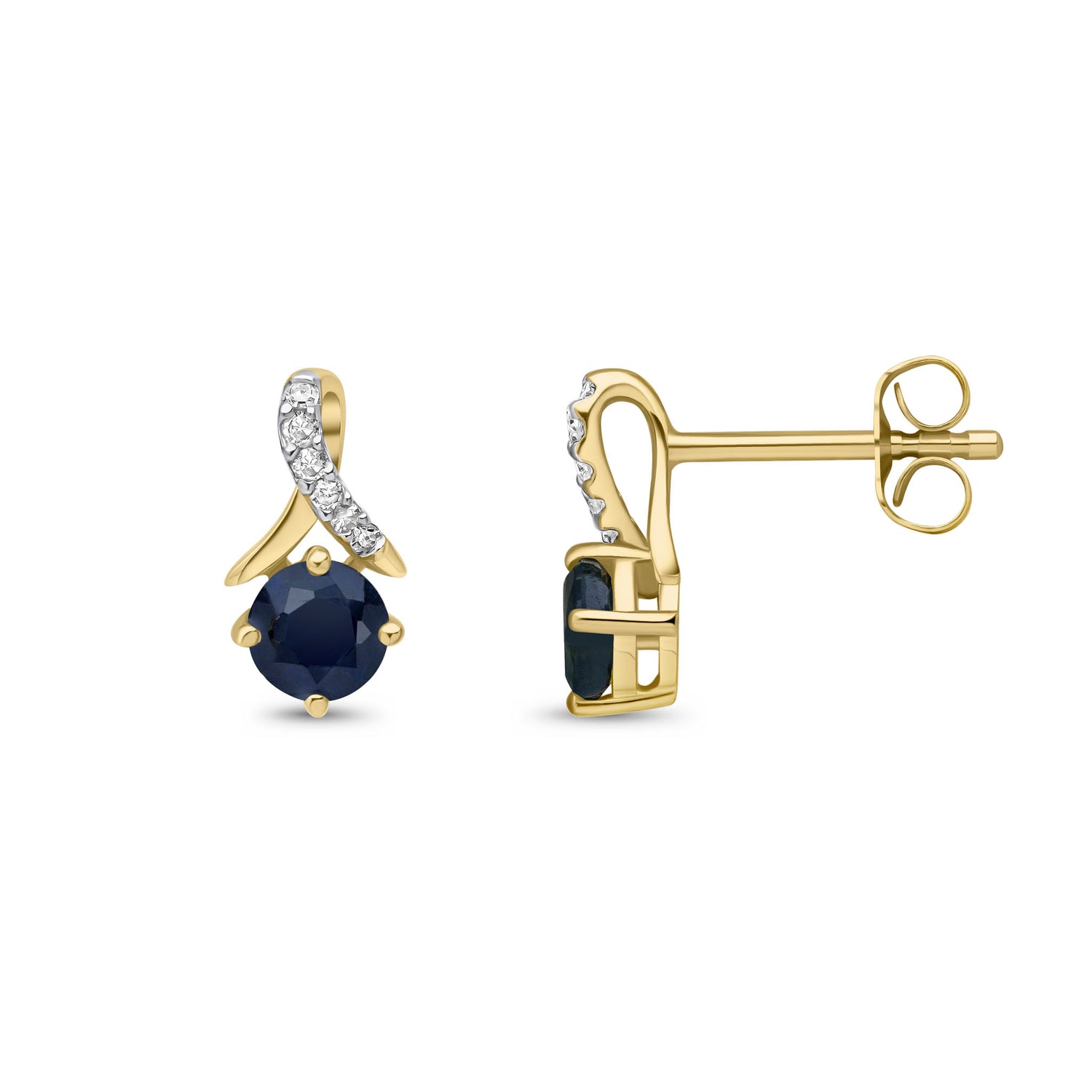 9ct Yellow Gold Natural Round Blue Sapphire and Round Diamond Crossover Stud Earrings